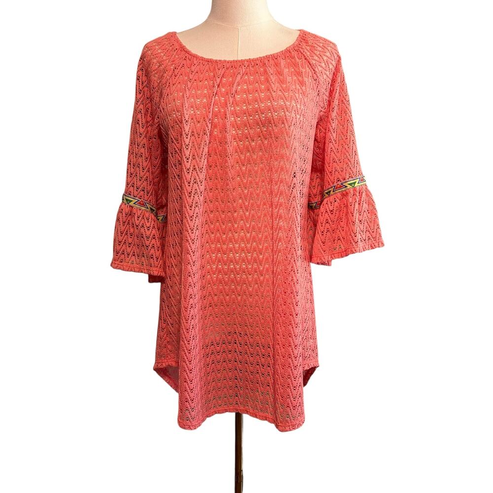 VTG Boho Open Crochet Top Peasant Bell Sleeves Vision USA Size S